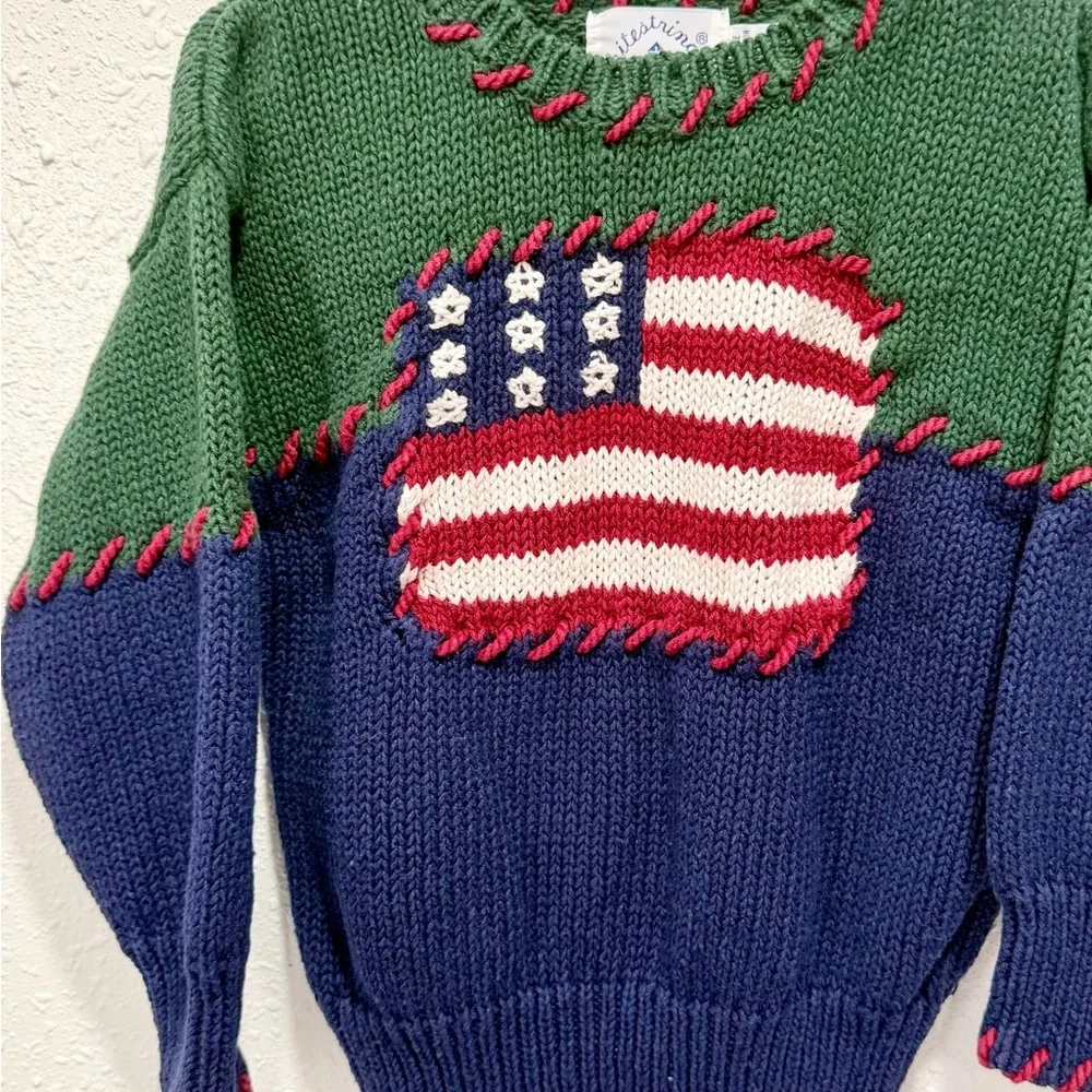 Kids ramie & cotton vintage‎ Color block Flag Knit Sweater - Green & Navy 4T
